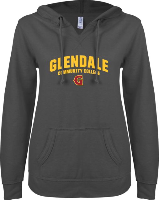 Glendale CC ENZA Womens V Notch Raw Edge Fleece Hoodie Glendale Community College with G Arched - ONLINE ONLY