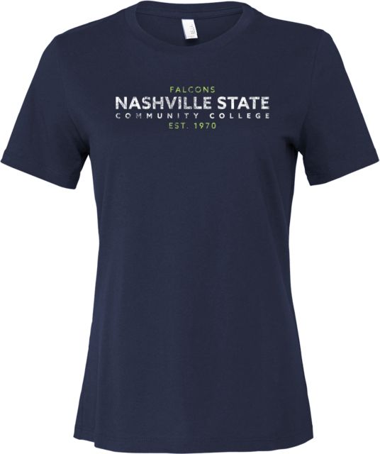 Nashville State Bella + Canvas Womens Relaxed Cotton T Shirt Nashville State CC Falcons Est 1970 Distressed - ONLINE ONLY
