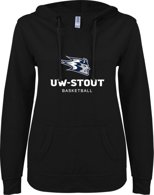 UW Stout ENZA Ladies V Notch Raw Edge Fleece Hoodie Basketball - ONLINE ONLY