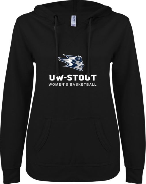 UW Stout ENZA Ladies V Notch Raw Edge Fleece Hoodie Womens Basketball - ONLINE ONLY