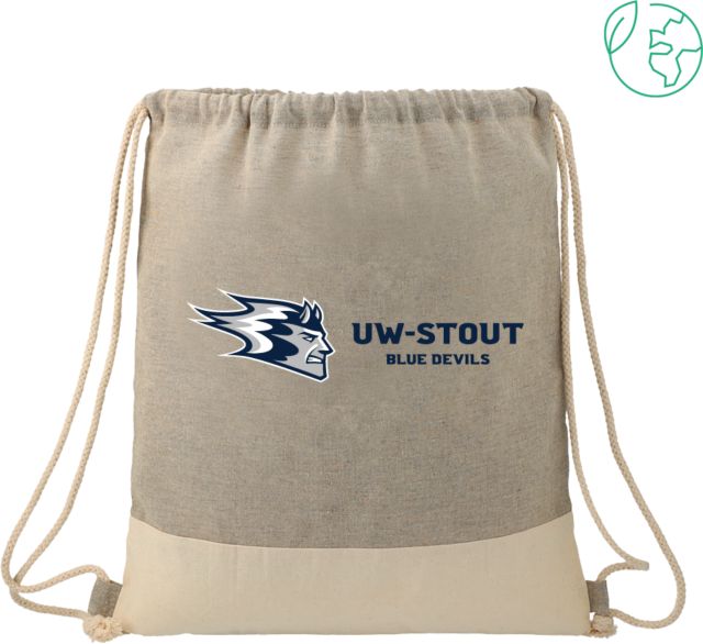 UW Stout Split Recycled Cotton Grey/Natural Drawstring Bag Blaze UW-Stout Devils Lock Up Flat- ONLINE ONLY