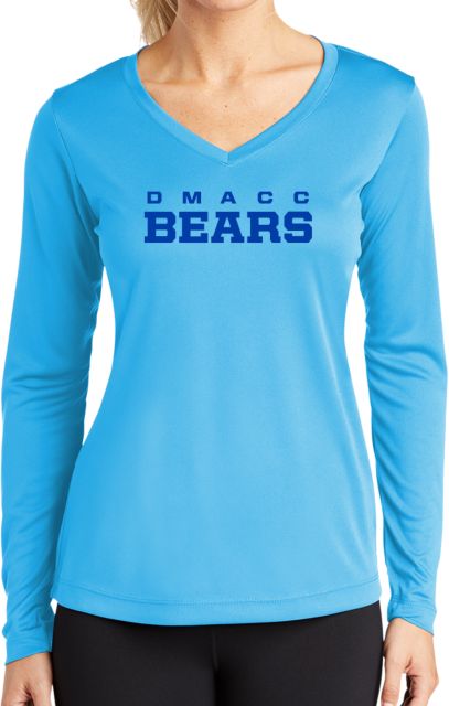 Des Moines Womens Performance Long Sleeve V Neck Shirt DMACC Bears Wordmark - ONLINE ONLY