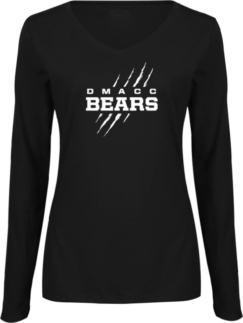 Des Moines Womens Long Sleeve V Neck Tee  DMACC Bears Wordmark with Bear Scratch - ONLINE ONLY