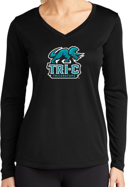 Cuyahoga CC Womens Performance Long Sleeve V Neck Shirt Tri-C Triceratops Primary Mascot Mark - ONLINE ONLY