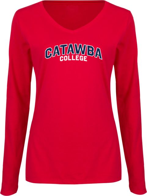 Catawba Womens Long Sleeve V Neck Tee Red Catawba College Primary Mark - ONLINE ONLY