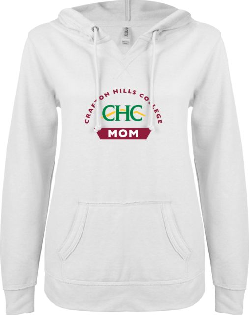 Crafton Hills ENZA Womens V Notch Raw Edge Fleece Hoodie Crafton Hills College Arch - Mom - ONLINE ONLY