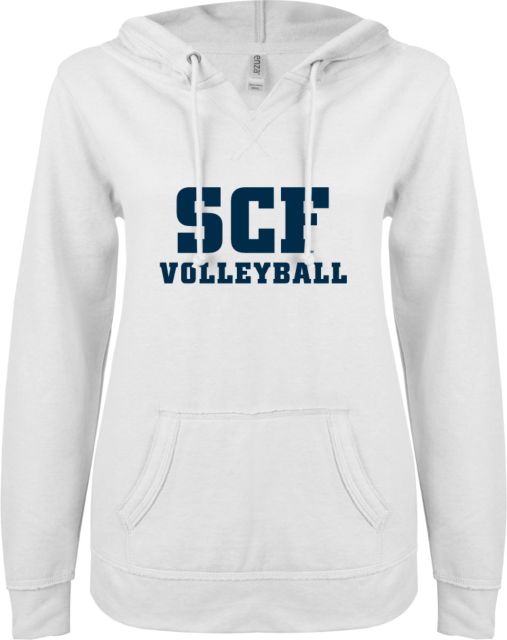 State College of Florida ENZA Ladies V Notch Raw Edge Fleece Hoodie Volleyball - ONLINE ONLY
