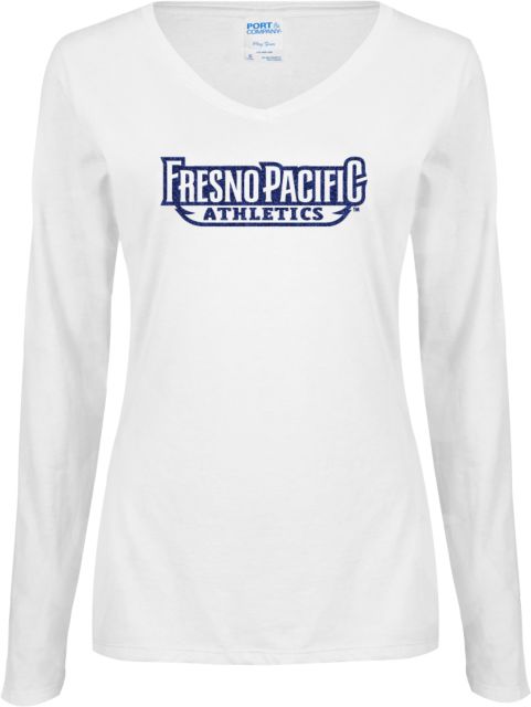 Fresno Pacific Ladies Long Sleeve V Neck Tee Fresno Pacific Athletics Stacked Blue Glitter - ONLINE ONLY