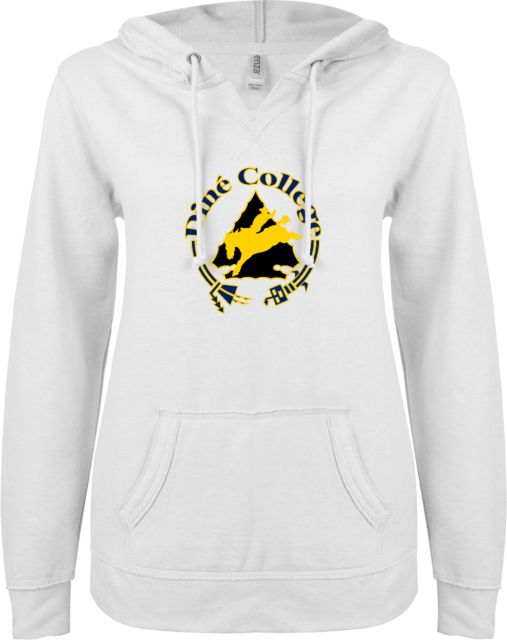 Dine College ENZA Womens V Notch Raw Edge Fleece Hoodie Dine College Logo 8 - ONLINE ONLY