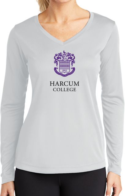 Harcum Womens Performance Long Sleeve V Neck Shirt Primary Mark - ONLINE ONLY