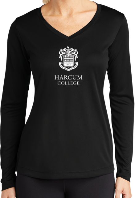 Harcum Womens Performance Long Sleeve V Neck Shirt Primary Mark - ONLINE ONLY
