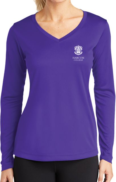 Harcum Womens Performance Long Sleeve V Neck Shirt Primary Mark - ONLINE ONLY