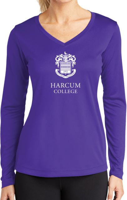 Harcum Womens Performance Long Sleeve V Neck Shirt Primary Mark - ONLINE ONLY