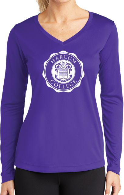 Harcum Womens Performance Long Sleeve V Neck Shirt College Seal - ONLINE ONLY