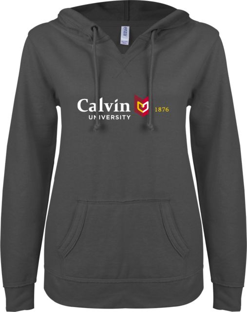 Calvin Univ ENZA Ladies V Notch Raw Edge Fleece Hoodie University Logo 1876 Horizontal - ONLINE ONLY
