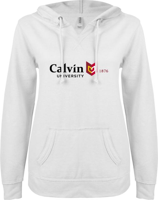 Calvin Univ ENZA Womens V Notch Raw Edge Fleece Hoodie University Logo 1876 Horizontal - ONLINE ONLY