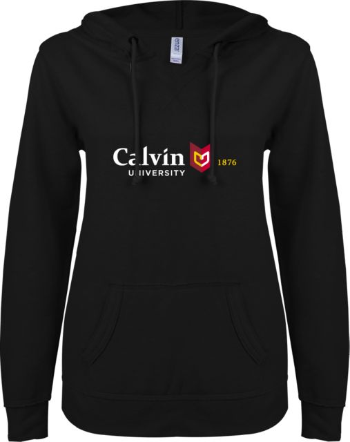 Calvin Univ ENZA Womens V Notch Raw Edge Fleece Hoodie University Logo 1876 Horizontal - ONLINE ONLY