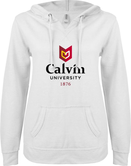Calvin Univ ENZA Ladies V Notch Raw Edge Fleece Hoodie University Logo 1876 Vertical - ONLINE ONLY