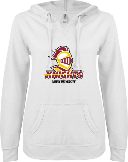 Calvin Univ ENZA Ladies V Notch Raw Edge Fleece Hoodie Knights with University - ONLINE ONLY