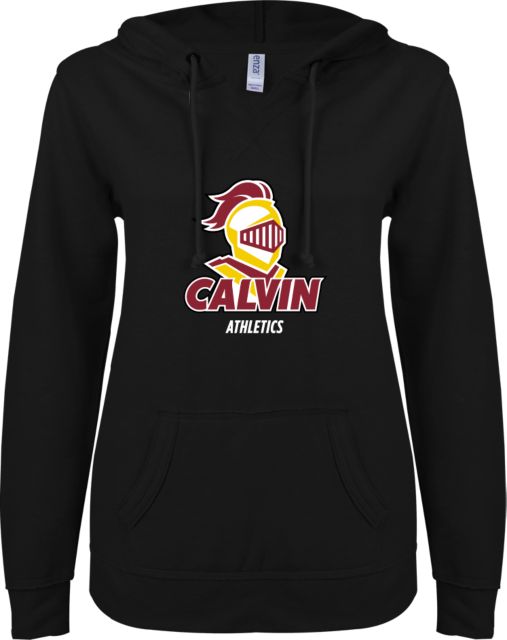 Calvin Univ ENZA Ladies V Notch Raw Edge Fleece Hoodie Athletics Stacked - ONLINE ONLY