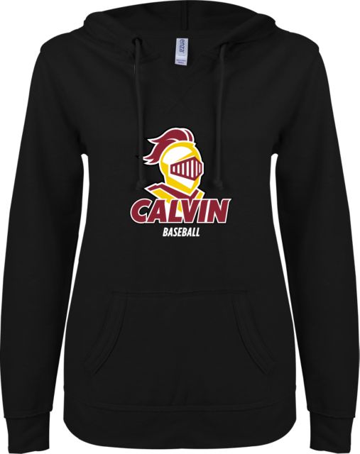 Calvin Univ ENZA Ladies V Notch Raw Edge Fleece Hoodie Baseball Stacked - ONLINE ONLY
