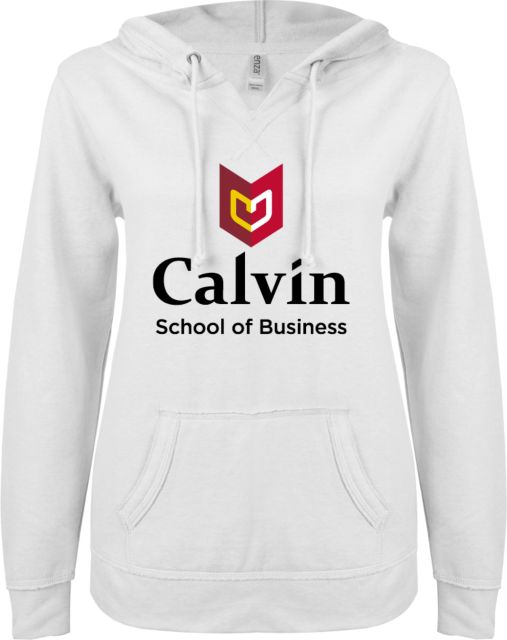 Calvin Univ ENZA Ladies V Notch Raw Edge Fleece Hoodie School of Business - ONLINE ONLY
