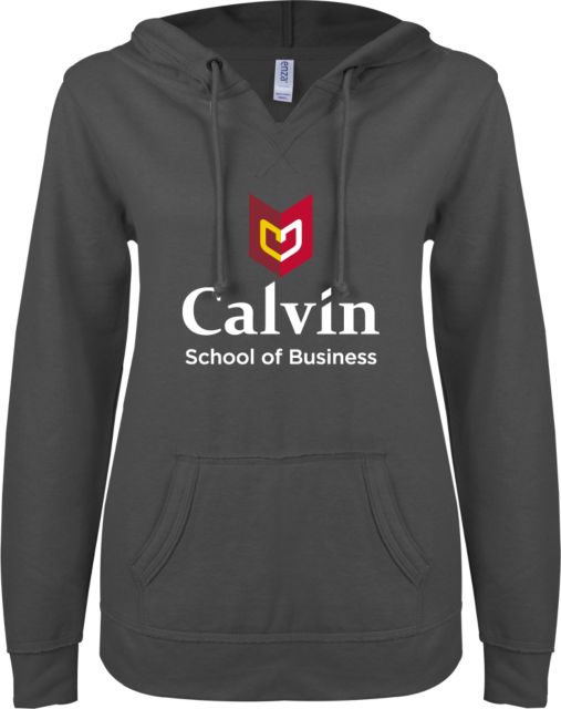 Calvin Univ ENZA Ladies V Notch Raw Edge Fleece Hoodie School of Business - ONLINE ONLY