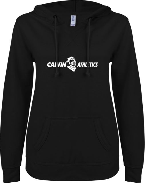 Calvin Univ ENZA Ladies V Notch Raw Edge Fleece Hoodie Athletics Horizontal - ONLINE ONLY