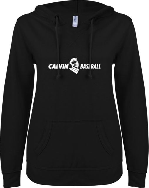 Calvin Univ ENZA Ladies V Notch Raw Edge Fleece Hoodie Baseball Horizontal - ONLINE ONLY