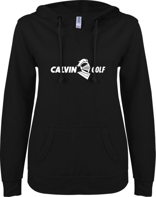 Calvin Univ ENZA Ladies V Notch Raw Edge Fleece Hoodie Golf Horizontal - ONLINE ONLY