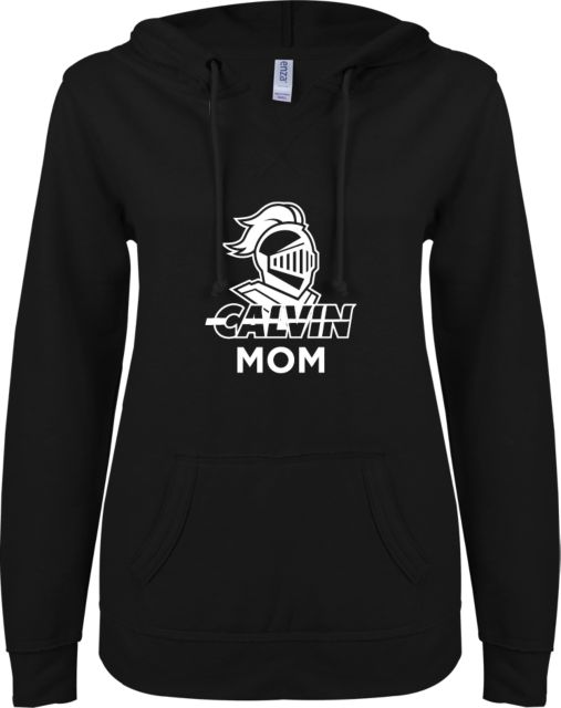 Calvin Univ ENZA Ladies V Notch Raw Edge Fleece Hoodie Mom Knight Calvin - ONLINE ONLY