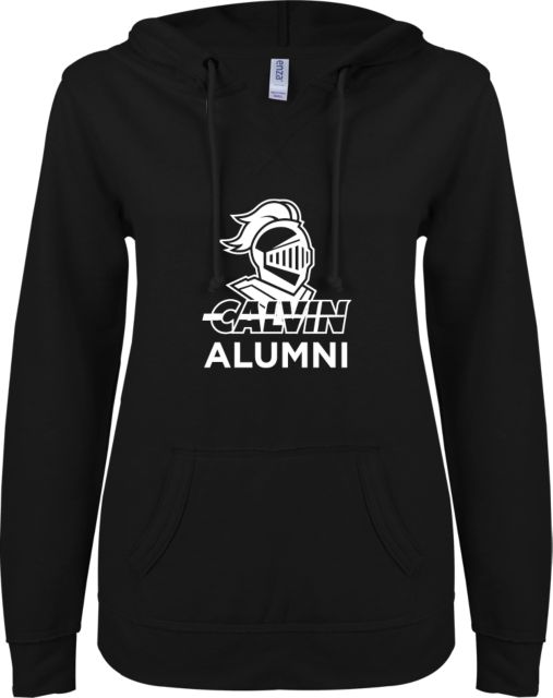 Calvin Univ ENZA Ladies V Notch Raw Edge Fleece Hoodie Alumni Knight Calvin - ONLINE ONLY