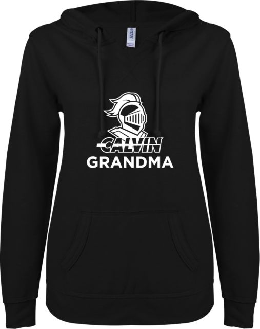 Calvin Univ ENZA Ladies V Notch Raw Edge Fleece Hoodie Grandma Knight Calvin - ONLINE ONLY