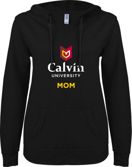 Calvin Univ ENZA Ladies V Notch Raw Edge Fleece Hoodie Mom University Logo Vertical - ONLINE ONLY