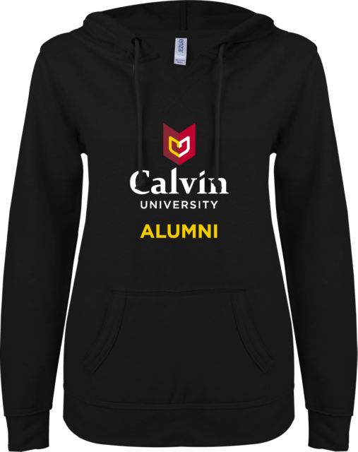 Calvin Univ ENZA Ladies V Notch Raw Edge Fleece Hoodie Alumni University Logo Vertical - ONLINE ONLY