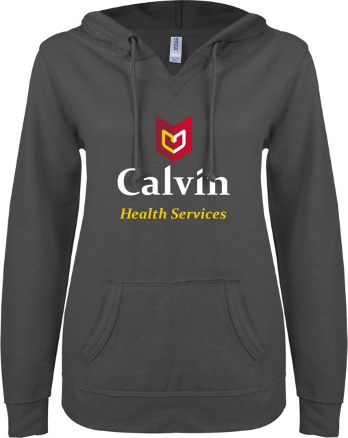 Calvin Univ ENZA Womens V Notch Raw Edge Fleece Hoodie Health Services - ONLINE ONLY