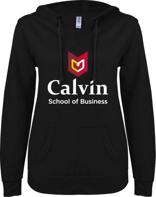 Calvin Univ ENZA Ladies V Notch Raw Edge Fleece Hoodie School of Business - ONLINE ONLY