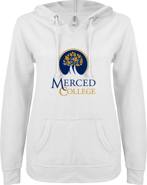 Merced College ENZA Ladies V Notch Raw Edge Fleece Hoodie Primary Logo - ONLINE ONLY