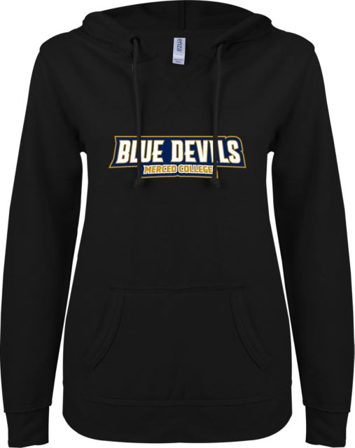 Merced College ENZA Womens V Notch Raw Edge Fleece Hoodie BD Wordmark - ONLINE ONLY