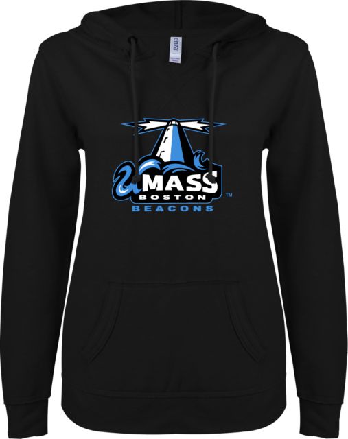 UMass Boston ENZA Ladies V Notch Raw Edge Fleece Hoodie Primary Logo - ONLINE ONLY