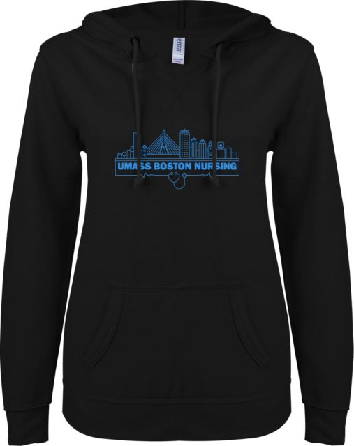 UMass Boston ENZA Ladies V Notch Raw Edge Fleece Hoodie UMB Nursing - ONLINE ONLY