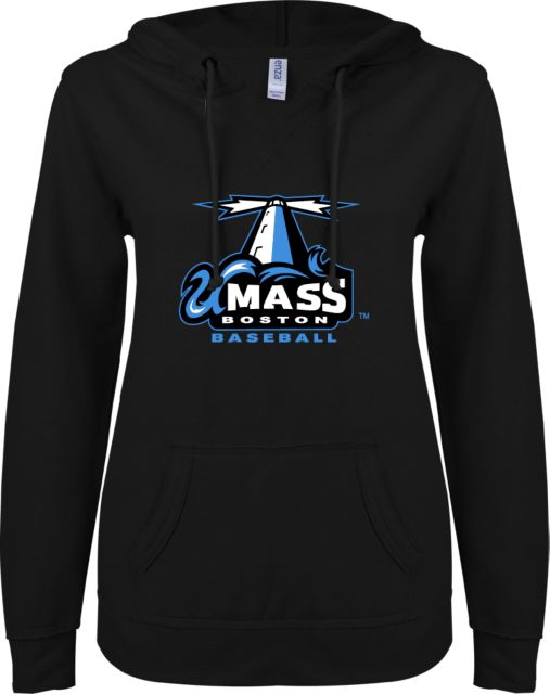 UMass Boston ENZA Ladies V Notch Raw Edge Fleece Hoodie Baseball - ONLINE ONLY