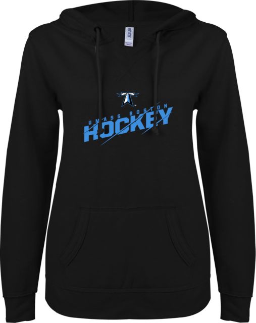 UMass Boston ENZA Ladies V Notch Raw Edge Fleece Hoodie UMass Boston Beacons Hockey Slashed - ONLINE ONLY