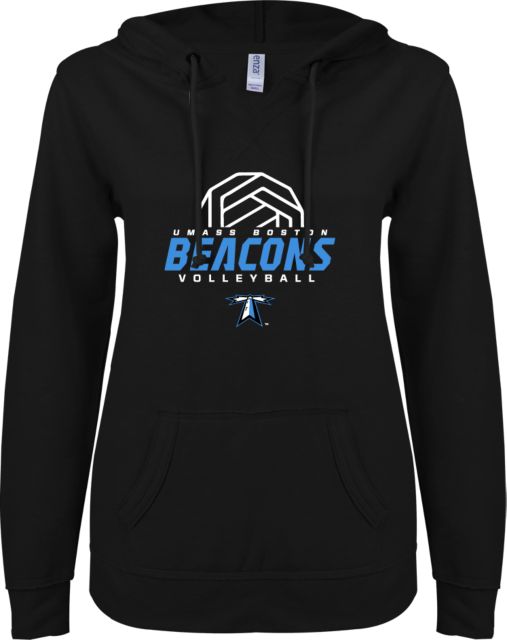 UMass Boston ENZA Ladies V Notch Raw Edge Fleece Hoodie Beacons Volleyball Abstract Ball - ONLINE ONLY