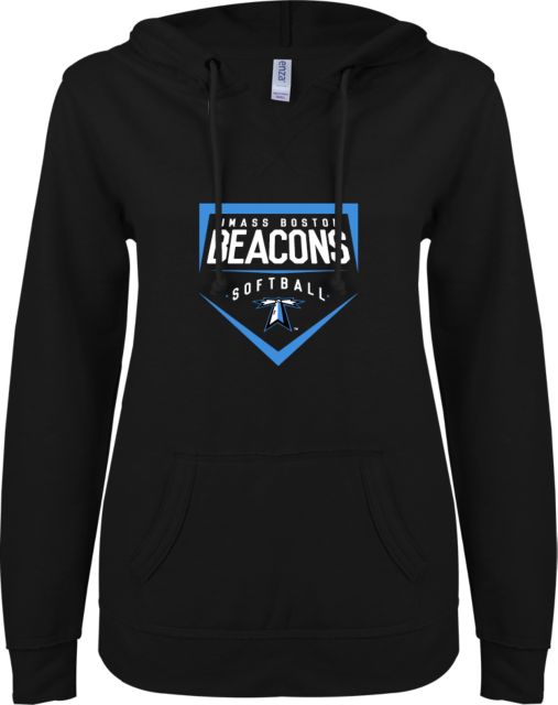 UMass Boston ENZA Ladies V Notch Raw Edge Fleece Hoodie Beacons Softball Plate - ONLINE ONLY