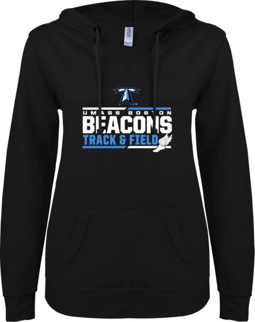 UMass Boston ENZA Ladies V Notch Raw Edge Fleece Hoodie Beacons Track and Field Stacked - ONLINE ONLY