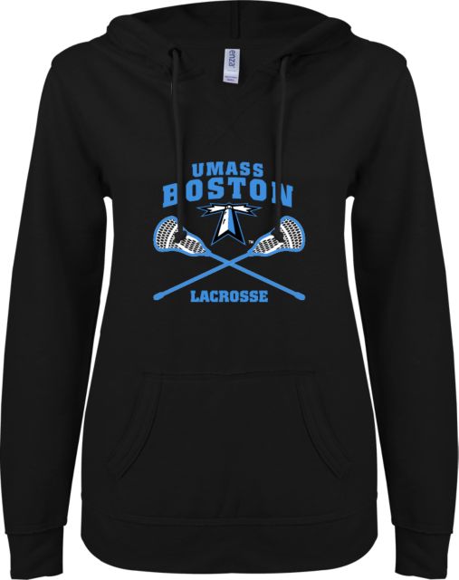 UMass Boston ENZA Ladies V Notch Raw Edge Fleece Hoodie UMass Boston Lacrosse Crossed Sticks - ONLINE ONLY