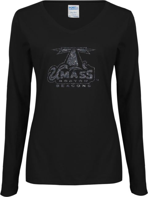UMass Boston Ladies Long Sleeve V Neck Tee Primary Logo Glitter - ONLINE ONLY