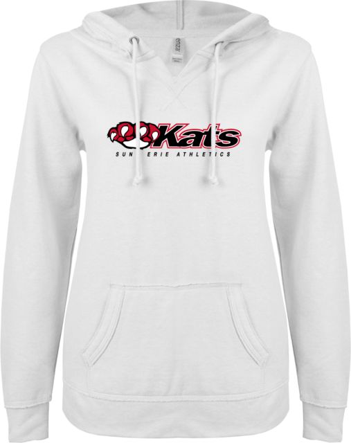 Erie CC ENZA Womens V Notch Raw Edge Fleece Hoodie SUNY Erie Athletics  Kats Wordmark - ONLINE ONLY