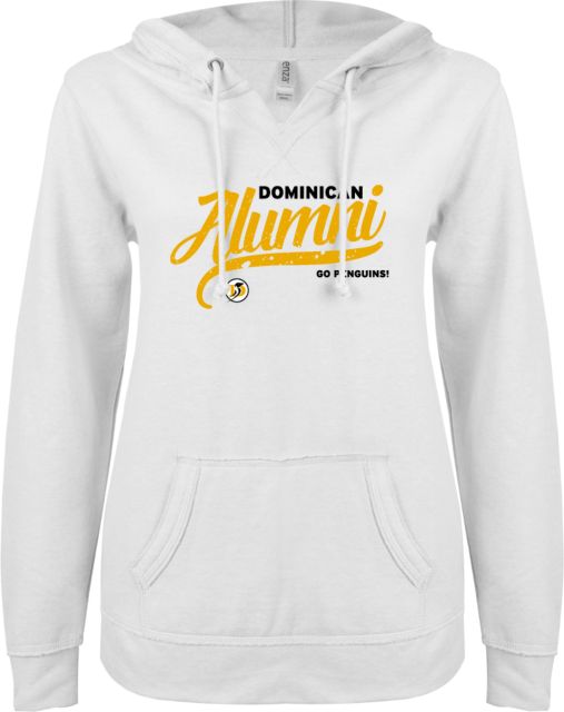 Dominican ENZA Womens V Notch Raw Edge Fleece Hoodie Dominican Alumni Script Distressed - ONLINE ONLY